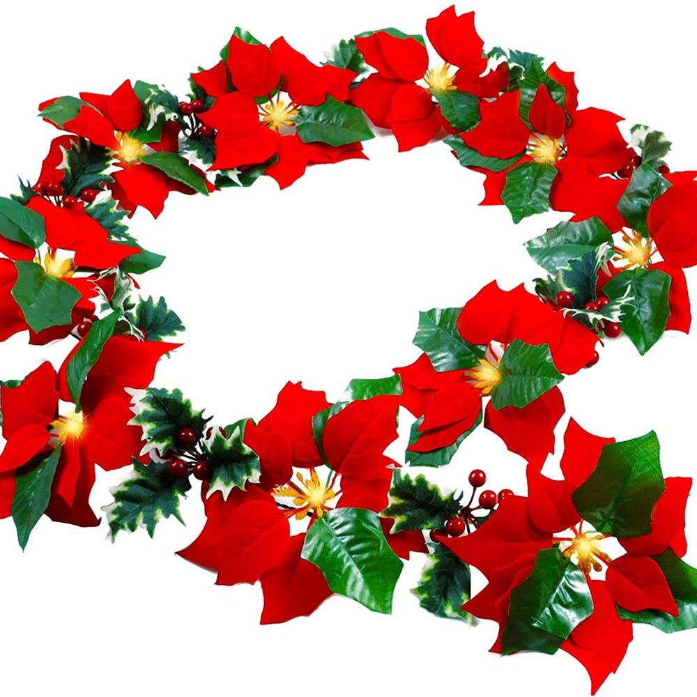 Pre Lit Poinsettia Holly Leaves Garland / Red 6 Ft